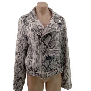 ABS Faux Snakeskin Moto Jacket L Allen Schwartz Gray Black Pockets Belt Zip Logo